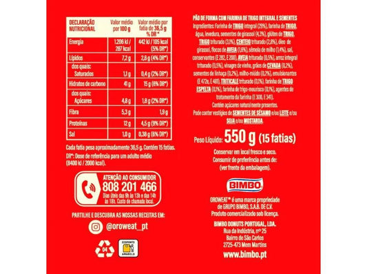 Bimbo Oroweat Pão 12 Cereais e Sementes 550 gr