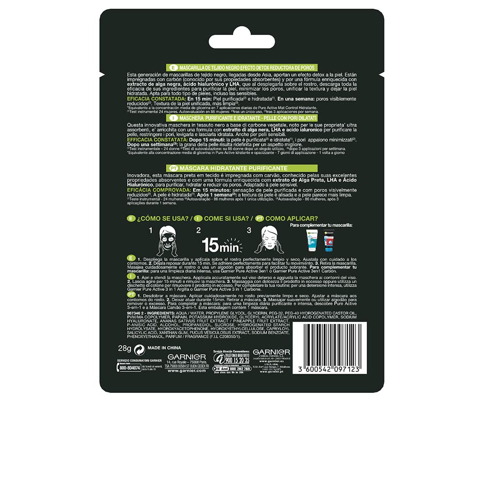 Garnier Máscara desintoxicação preta de carvão puro skinactive com efeito redutor de poros 28g