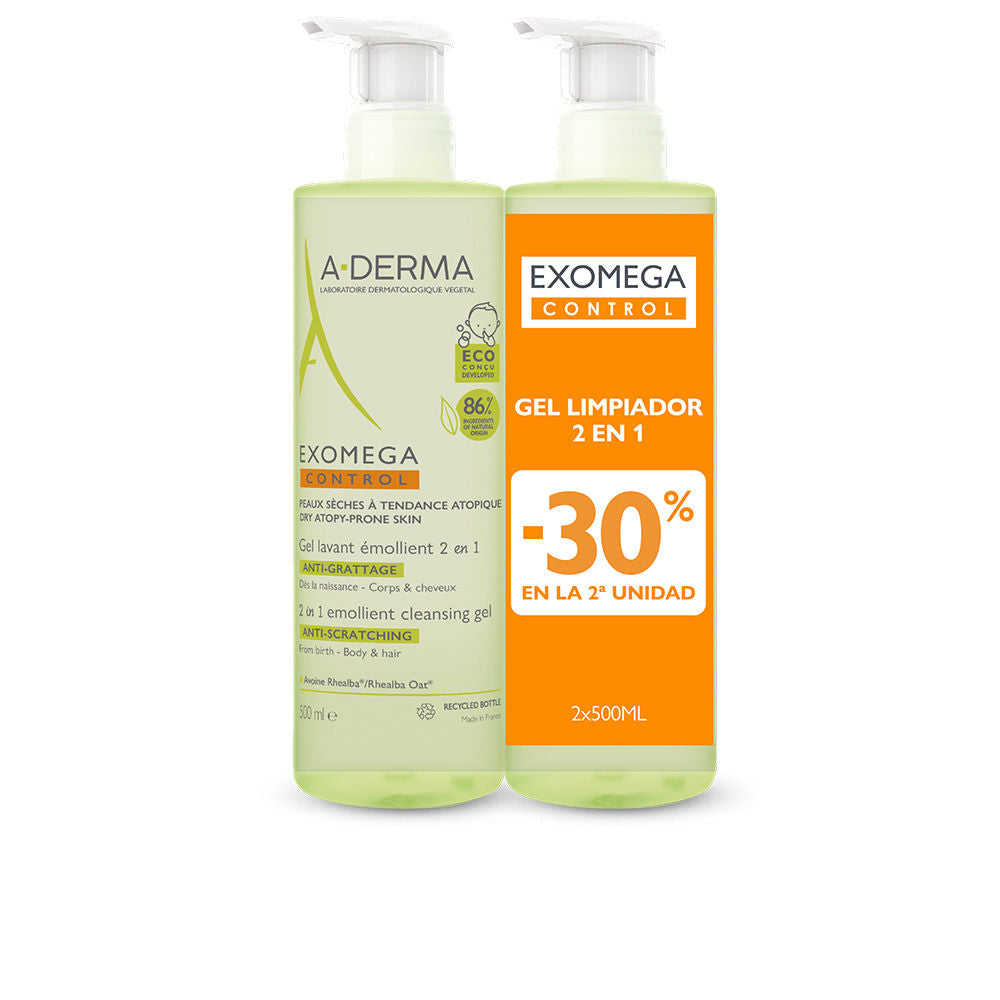 A-Derma Exomega control gel emoliente 2 em 1 embalagem 2 x 500 ml