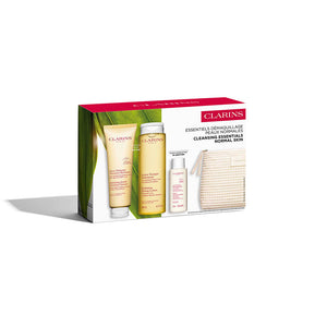 Clarins Conjunto de limpeza essencial para pele normal a seca, com 4 peças.