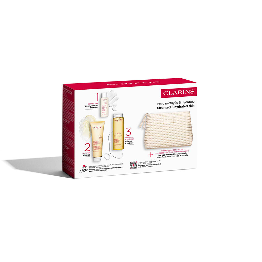 Clarins Conjunto de limpeza essencial para pele normal a seca, com 4 peças.