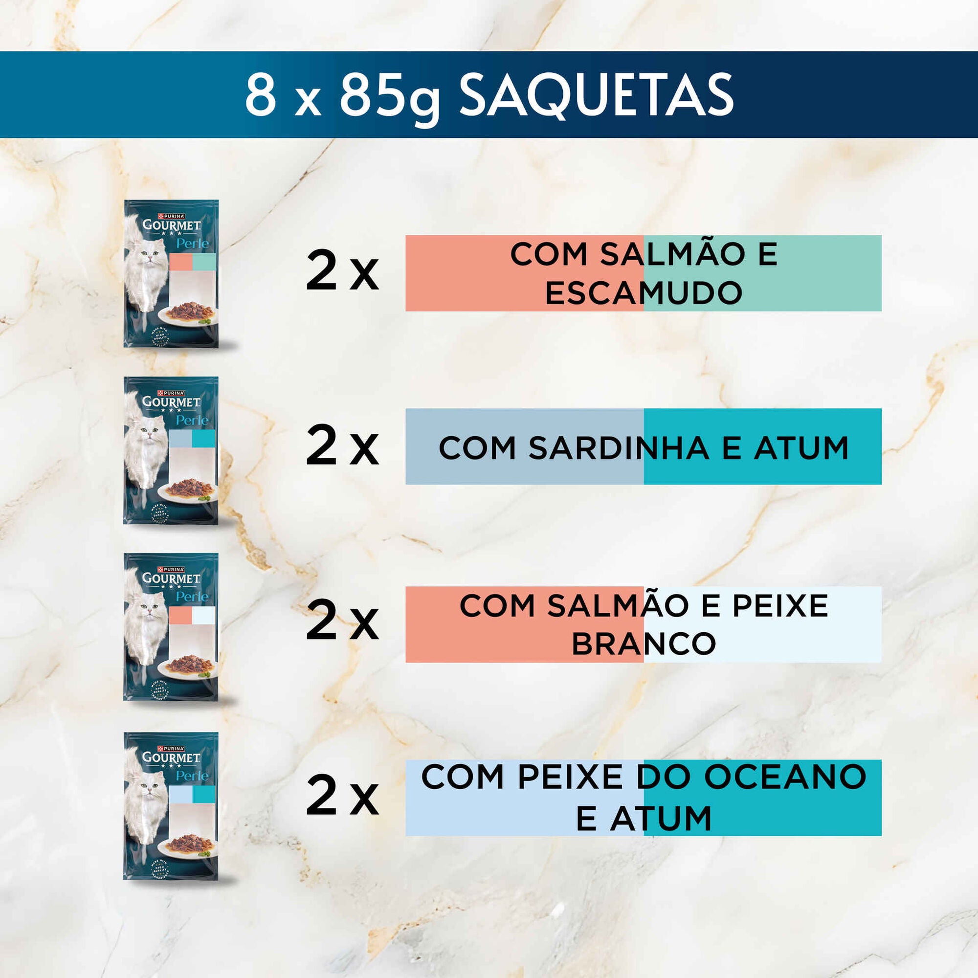 Purina Gourmet Perle Duetos para Gato Adulto, Finos Pedaços em Molho 8x85 g