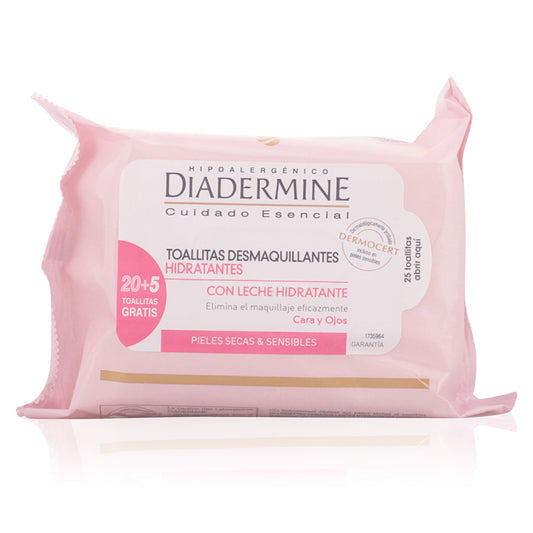 Diadermine Lenços removedores de maquilhagem peles hidratantes sensíveis e secas 25 u