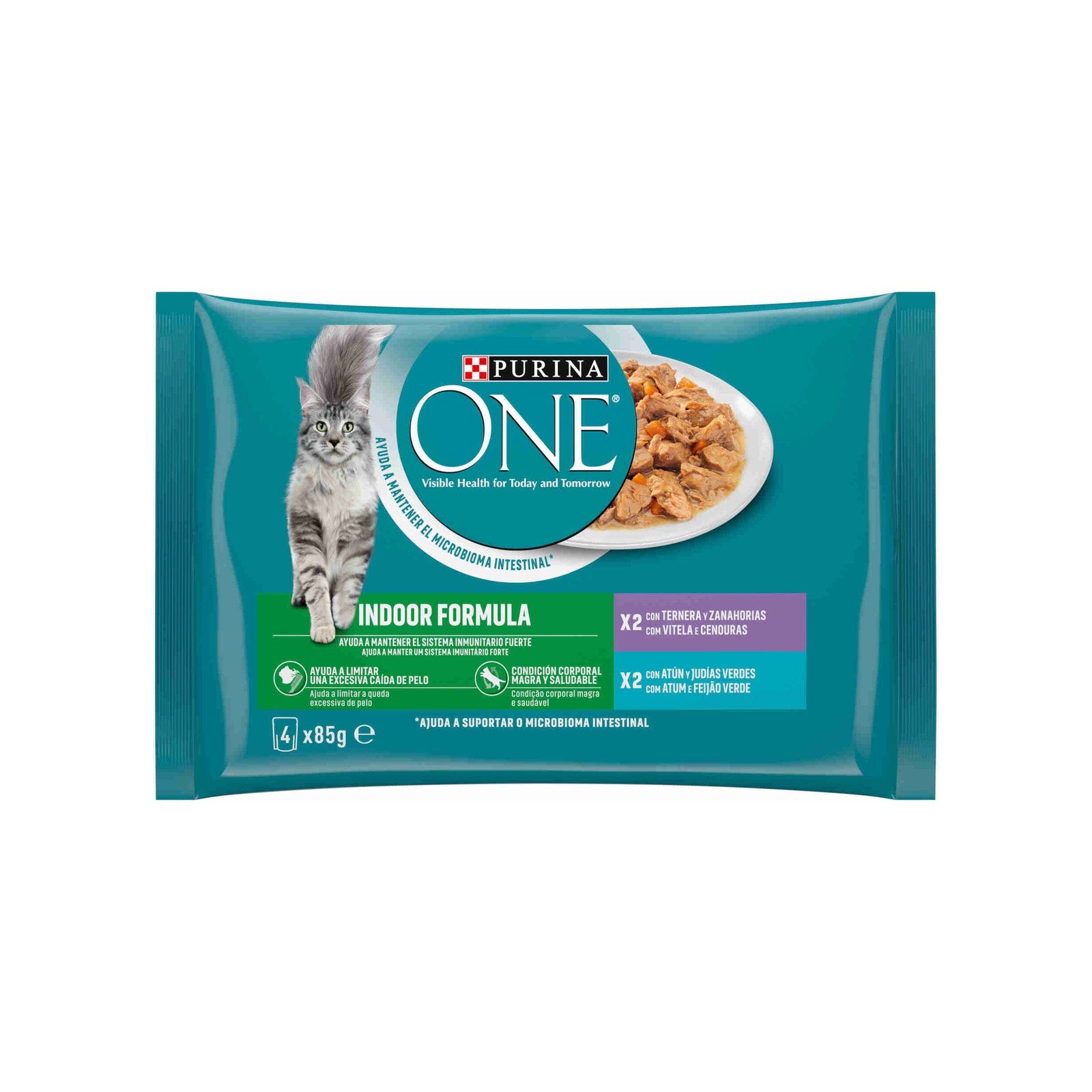 Purina One Gato Adulto Indoor Atum e Vitela, 4x85 g