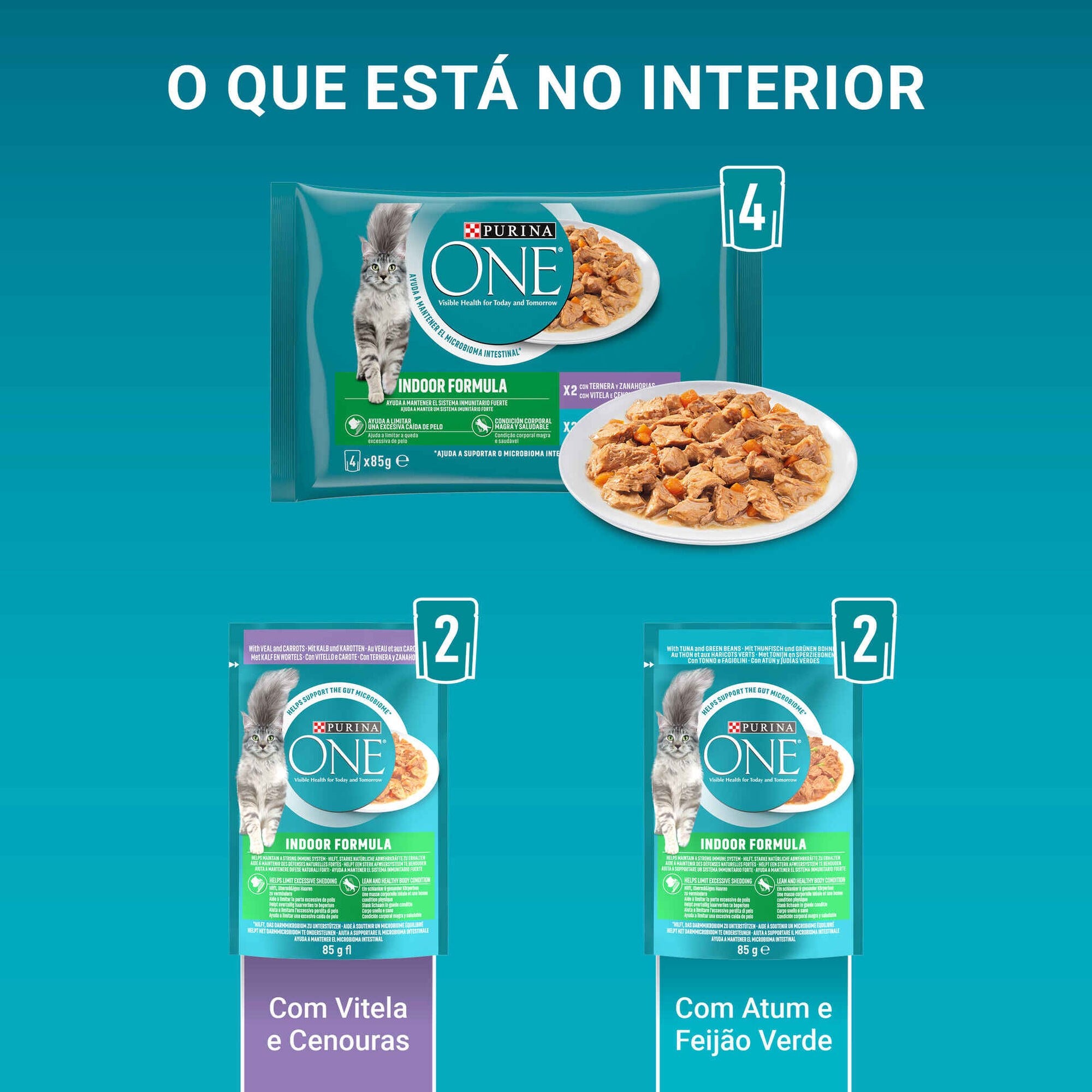 Purina One Gato Adulto Indoor Atum e Vitela, 4x85 g