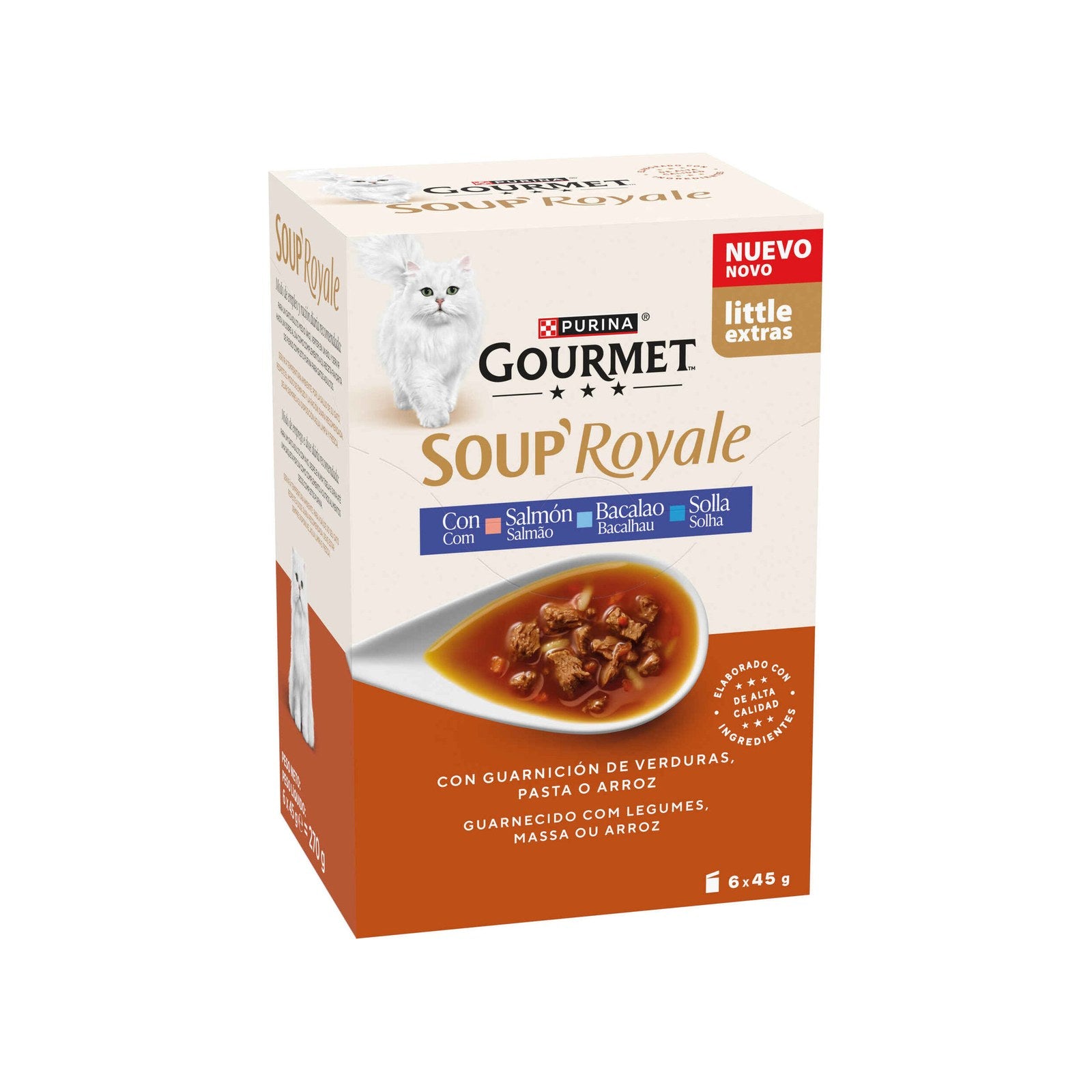 Purina Gourmet Soup Royale Snack Líquido Gato Salmão, Bacalhau e Solha 45 g 6x45 g