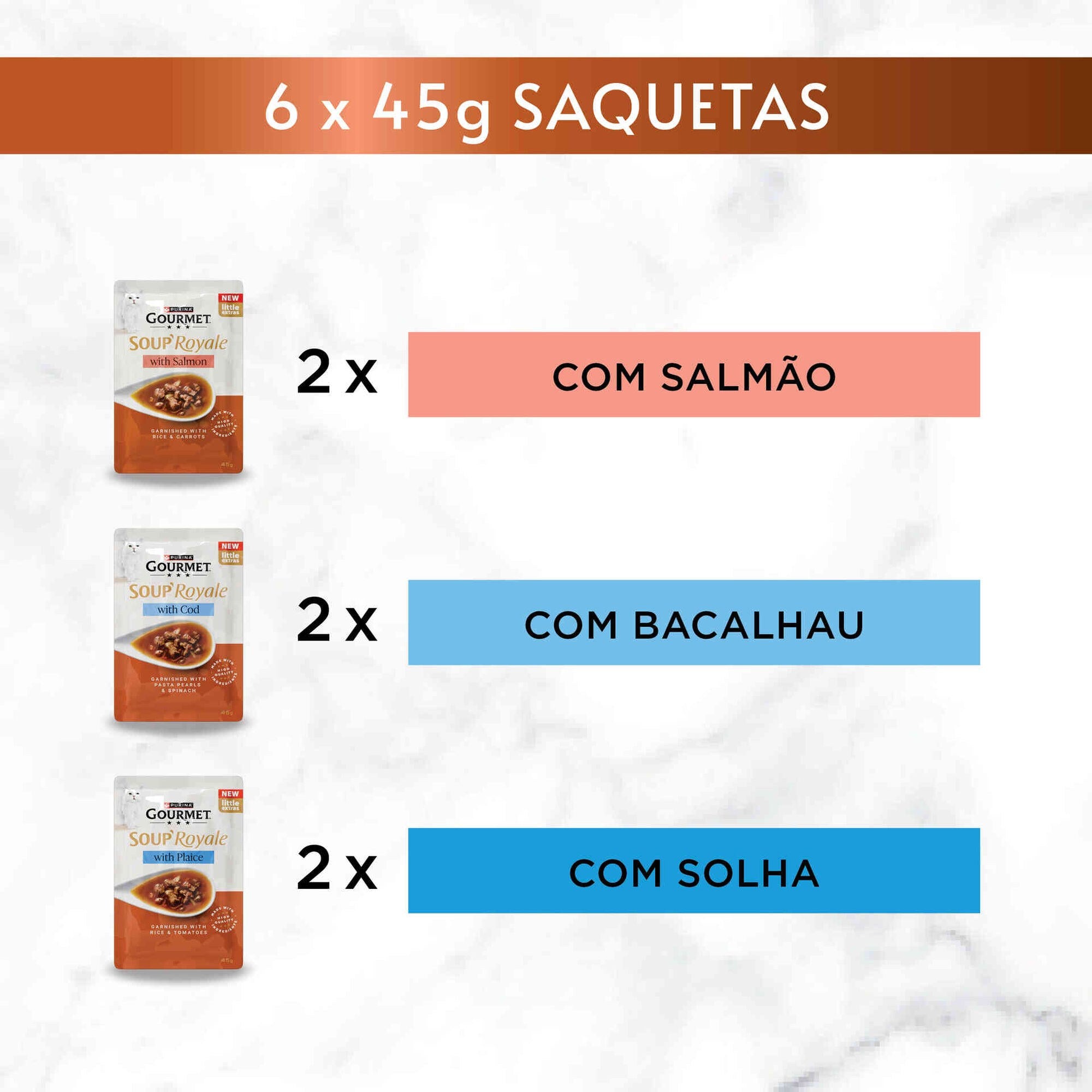 Purina Gourmet Soup Royale Snack Líquido Gato Salmão, Bacalhau e Solha 45 g 6x45 g