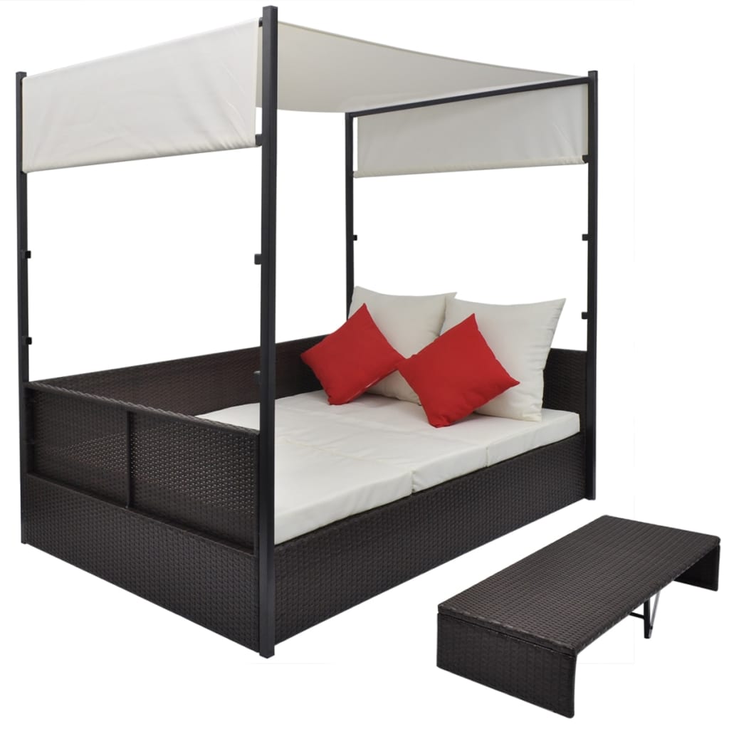 HKH Tumbona De Jardín Con Toldo 190x130 Cm Ratán Pe Marrón - Marrón