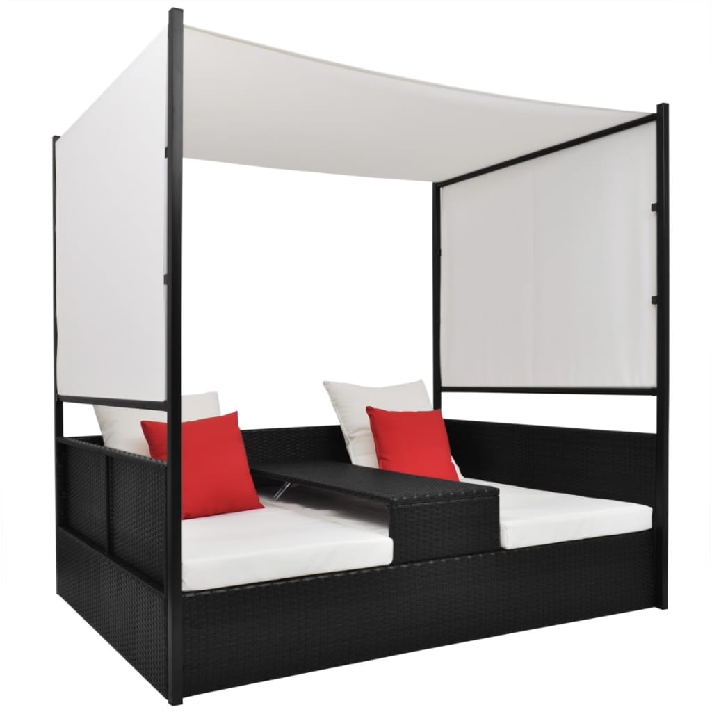 HKH Tumbona de jardín con toldo 190x130 cm Mimbre PE - Negro
