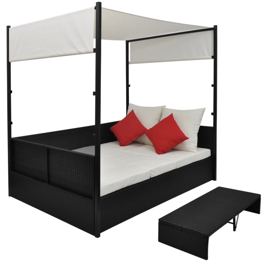HKH Tumbona de jardín con toldo 190x130 cm Mimbre PE - Negro