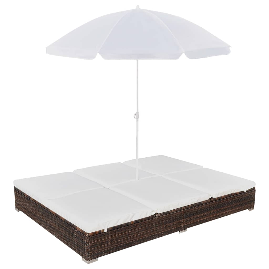 HKH Tumbona de exterior con parasol de ratán PE marrón - Marrón