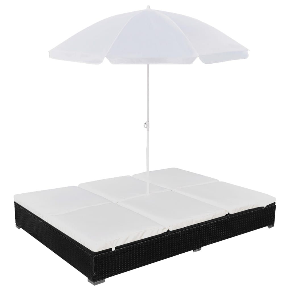 HKH Tumbona de exterior con sombrilla de mimbre de polietileno, color negro