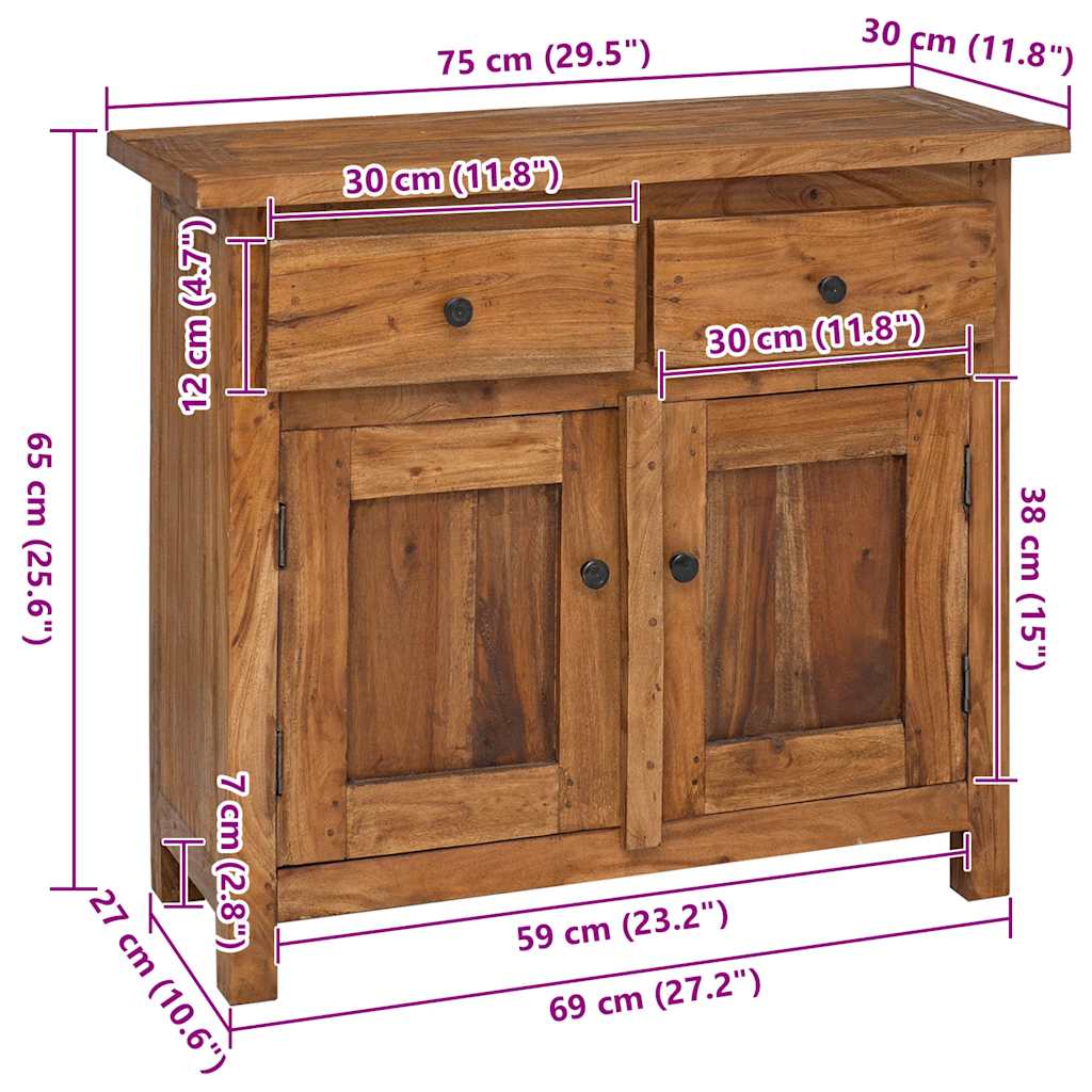 HKH Aparador Rústico em Madeira de Mogno Maciça, Latão com 2 Portas e 2 Gavetas 75 X 30 X 65 Cm