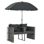 HKH Sofá Jardim 2 Lugares Vime Pe Cinzento Almofadões E Guarda-sol - Cinzeto