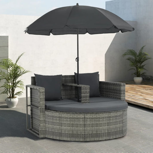 HKH Sofá Jardim 2 Lugares Vime Pe Cinzento Almofadões E Guarda-sol - Cinzeto