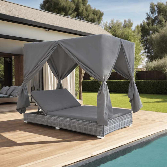 HKH Espreguiçadeira De Exterior Com Cortinas Em Vime Pe Cinzento - Cinzeto