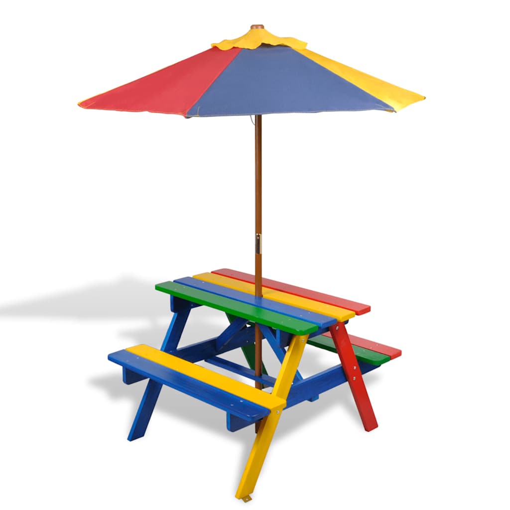 HKH Mesa Piquenique Infantil + Bancos/guarda-sol Madeira Multicor - Multicolor
