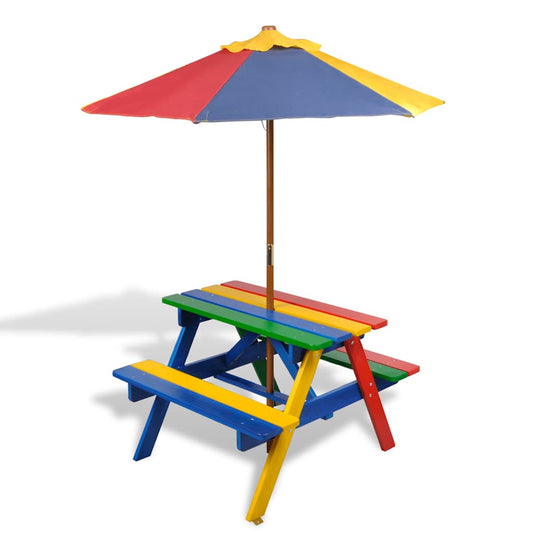 HKH Mesa Piquenique Infantil + Bancos/guarda-sol Madeira Multicor - Multicolor