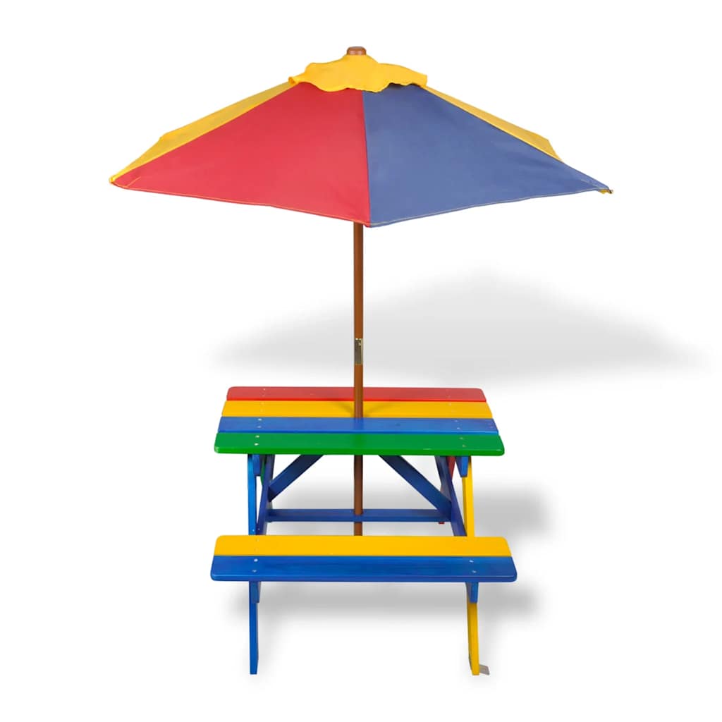 HKH Mesa Piquenique Infantil + Bancos/guarda-sol Madeira Multicor - Multicolor