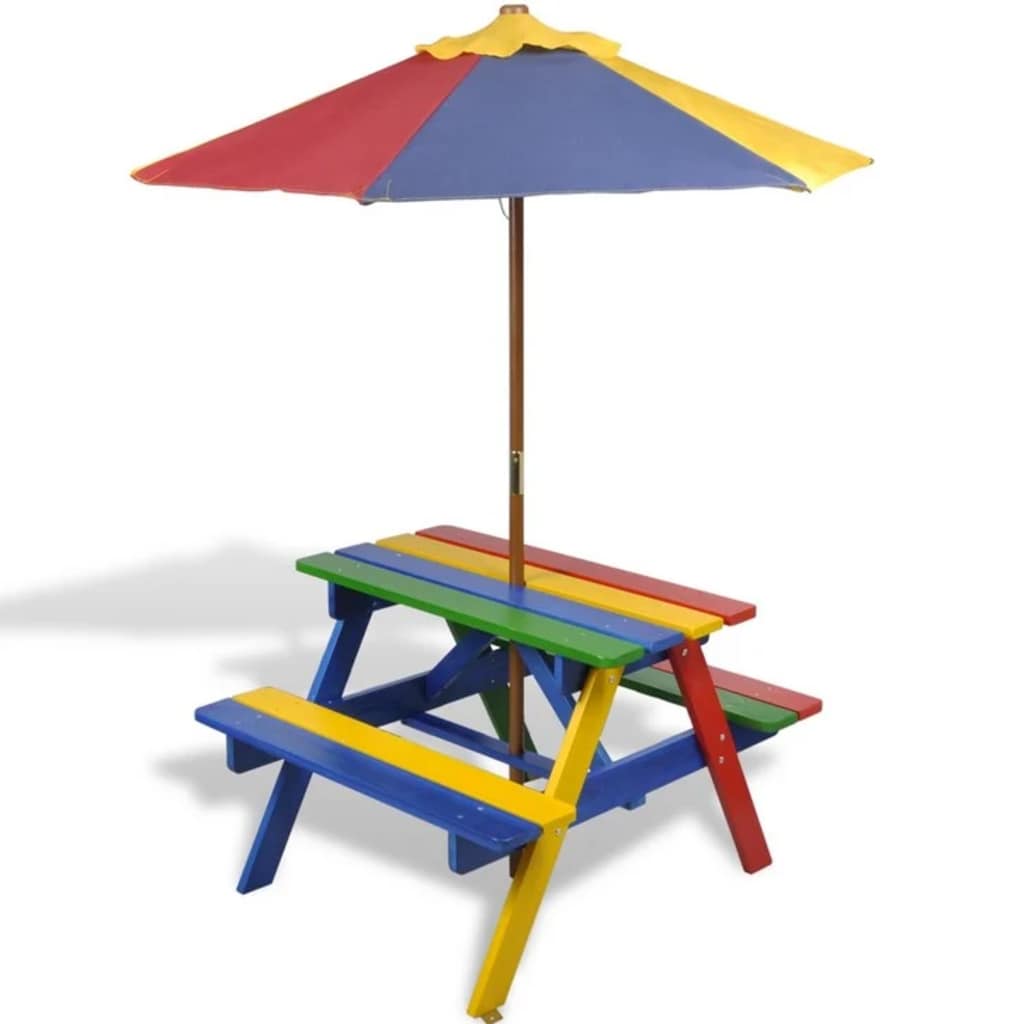 HKH Mesa Piquenique Infantil + Bancos/guarda-sol Madeira Multicor - Multicolor
