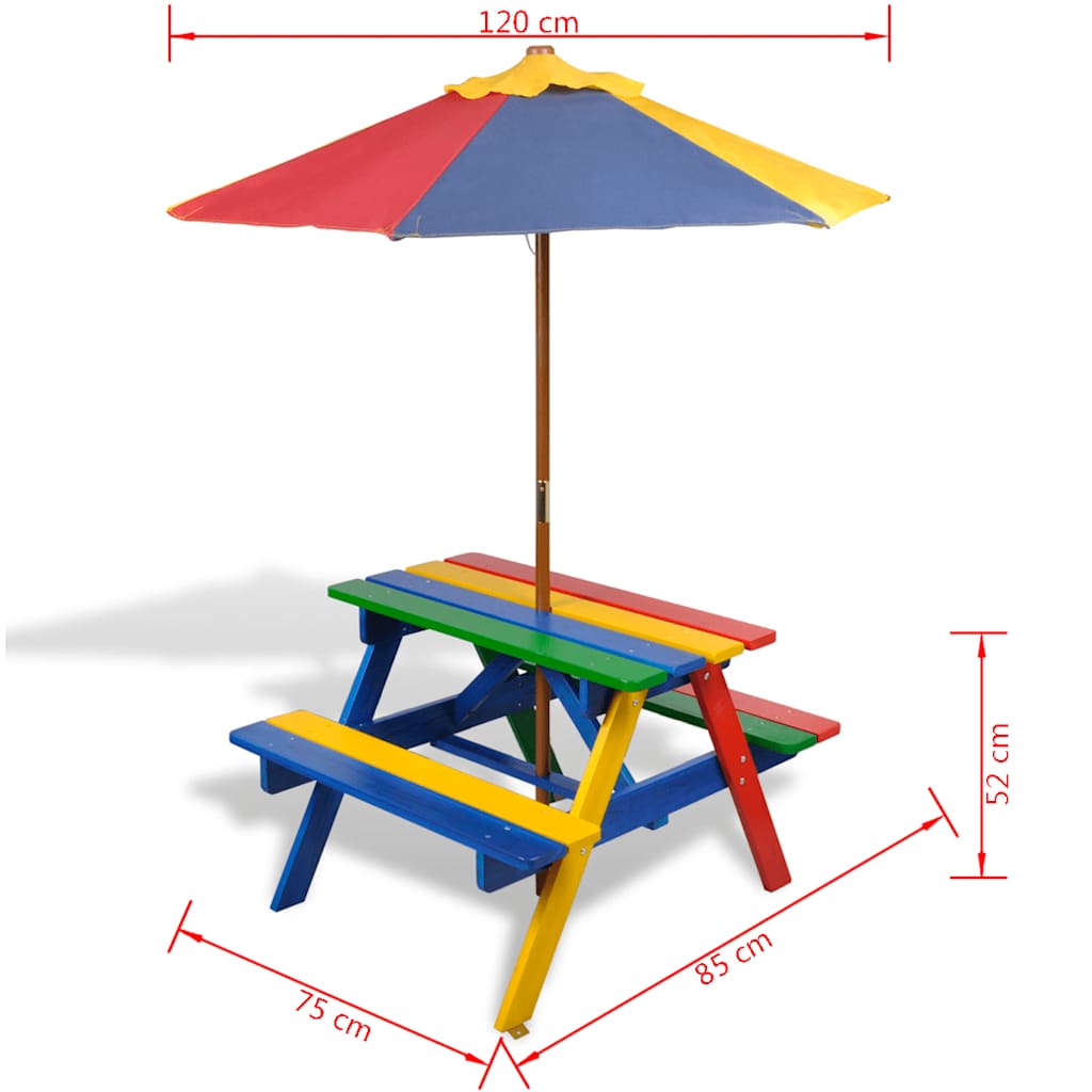 HKH Mesa Piquenique Infantil + Bancos/guarda-sol Madeira Multicor - Multicolor