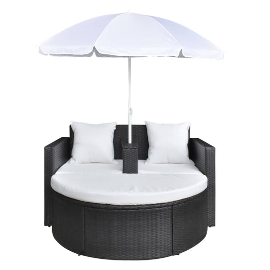 HKH Espreguiçadeira Para Jardim Com Guarda-sol Vime Pe - Preto