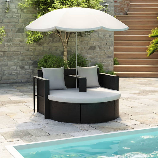 HKH Espreguiçadeira Para Jardim Com Guarda-sol Vime Pe - Preto
