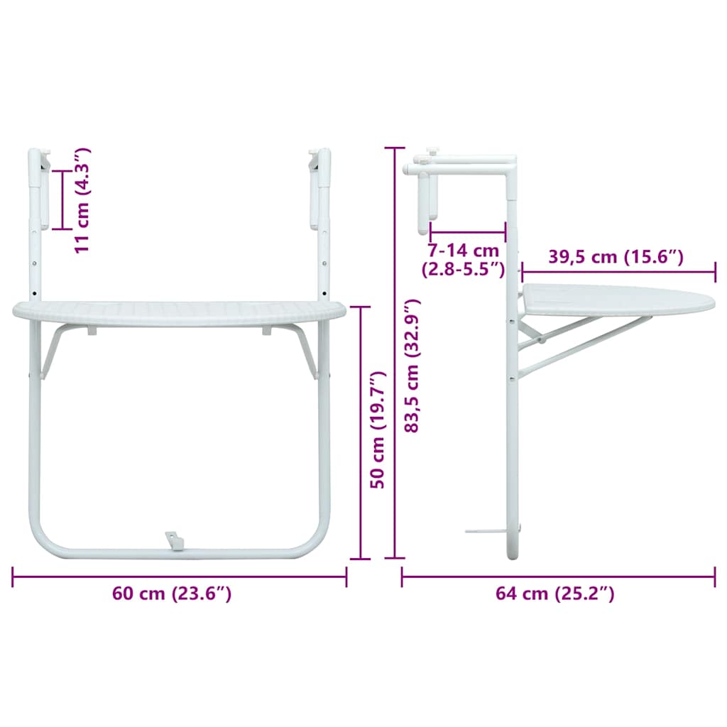 HKH Mesa Varanda Pendurar 60x64x83,5cm Plástico Aspeto Vime - Branco