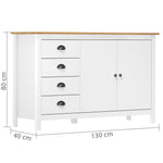 Aparador Hill HKH en Madera de Pino Maciza con 2 Puertas y 4 Cajones 130 X 40 X 80 Cm - Blanco y Marrón Miel