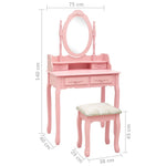 HKH Tocador con Taburete de Madera de Paulownia - 75x69x140 Cm - Rosa