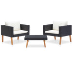 HKH 3 Pcs Conjunto Lounge para Jardim C/ Almofadões Vime Pe - Preto