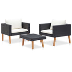 HKH 3 Pcs Conjunto Lounge para Jardim C/ Almofadões Vime Pe - Preto