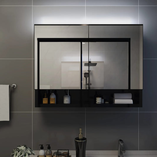 HKH Armário Espelhado Casa de Banho com LED em MDF - 80x15x60 Cm - Preto