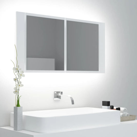 HKH Armário Espelhado Casa de Banho LED Acrílico - 90x12x45 Cm - Branco