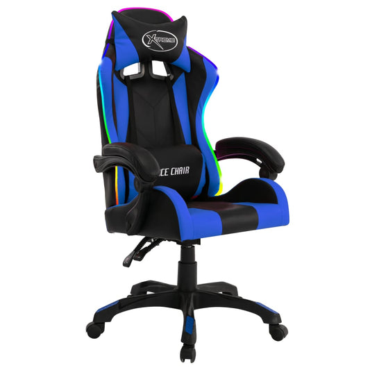 HKH Cadeira Estilo Corrida com Luzes LED RGB em Couro Artificial - Azul/Preto