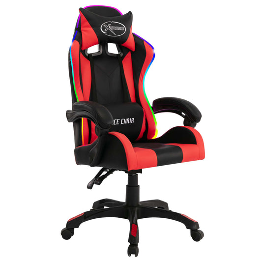 HKH Cadeira Estilo Corrida com Luzes LED RGB em Couro Artificial - Vermelho/Preto