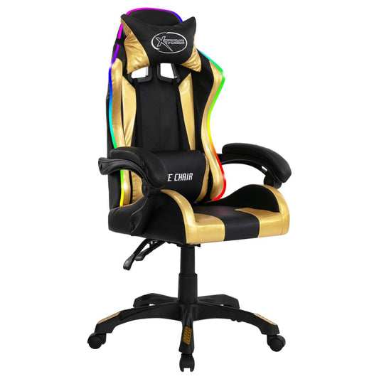 HKH Cadeira Estilo Corrida Luzes LED RGB em Couro Artificial Dourado/Preto