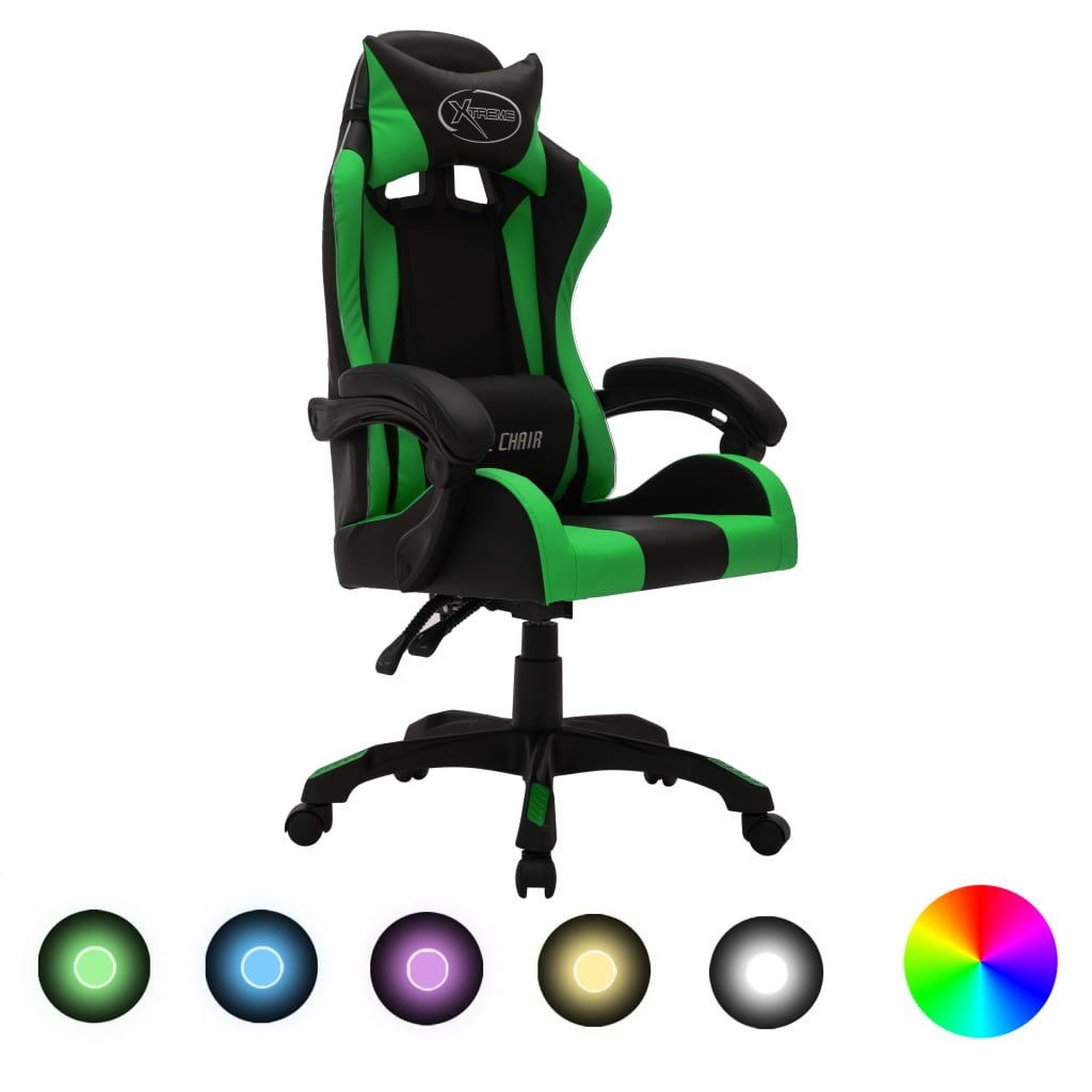 HKH Cadeira Estilo Corrida Luzes LED RGB em Couro Artificial verde/Preto