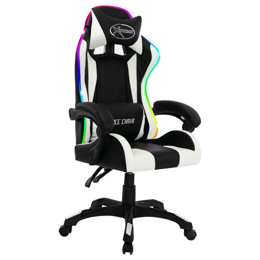 HKH Cadeira Estilo Corrida Luzes LED RGB em Couro Artificial - Branco/Preto