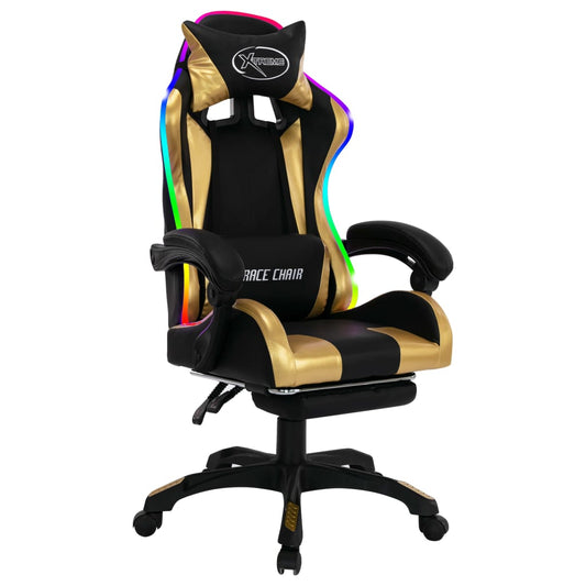 HKH Cadeira Estilo Corrida Luzes LED RGB em Couro Artificial Dourado/Preto