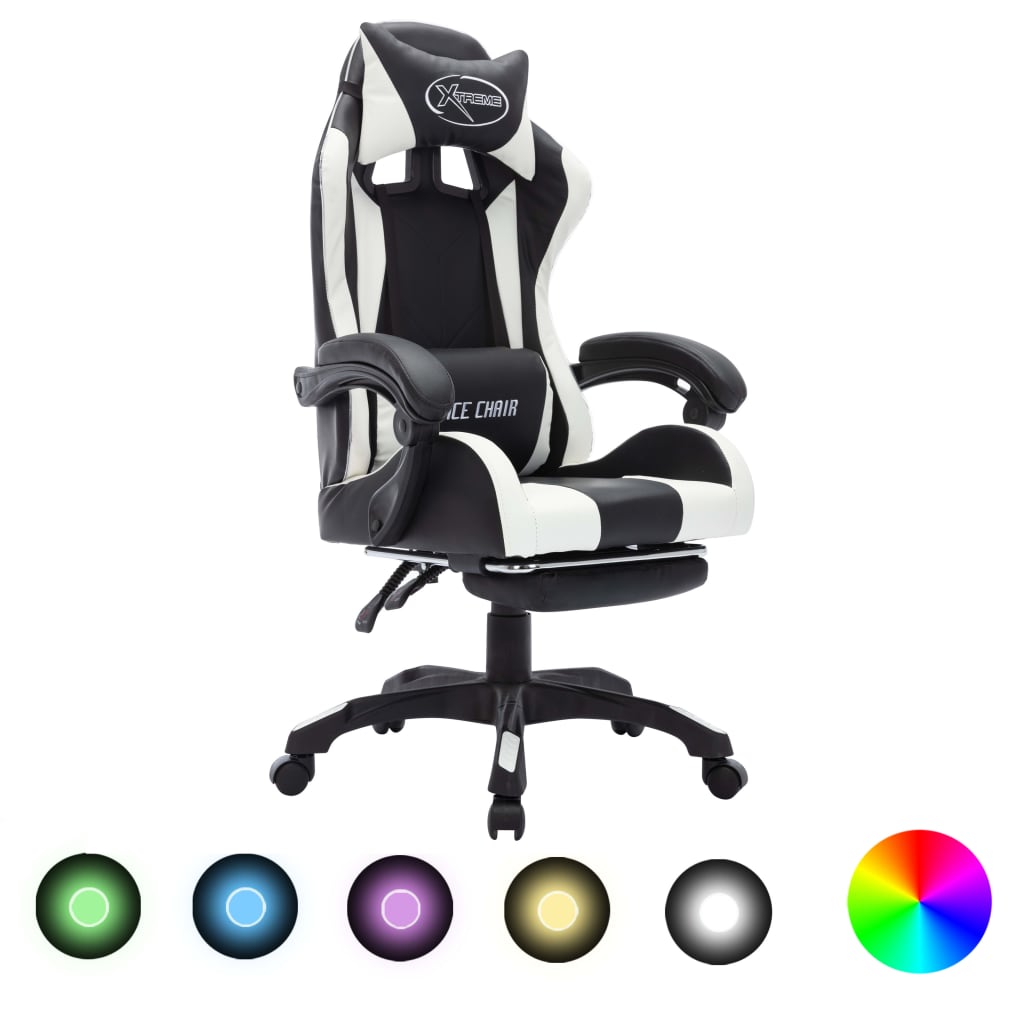 HKH Cadeira Estilo Corrida com Luzes LED RGB em Couro Artificial - Branco/Preto