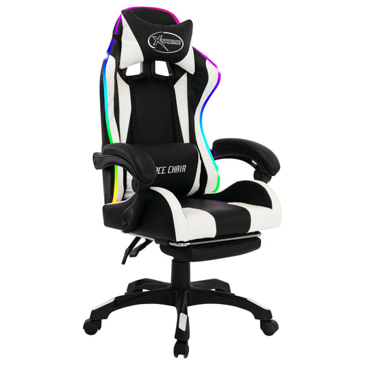 HKH Cadeira Estilo Corrida com Luzes LED RGB em Couro Artificial - Branco/Preto