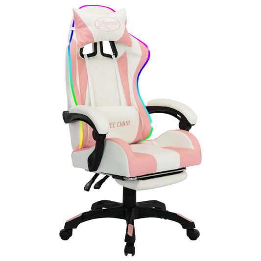 HKH Cadeira Estilo Corrida com Luzes LED RGB em Couro Artificial - Rosa/Branco