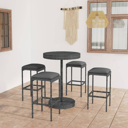 HKH 5 Pcs Conjunto de Bar P/ Jardim C/ Almofadões Vime Pe - Cinzento