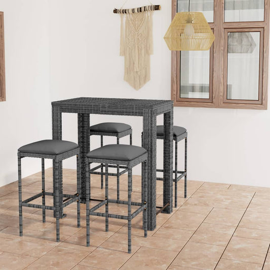 HKH 5 Pcs Conjunto de Bar P/ Jardim C/ Almofadões Vime Pe - Cinzento