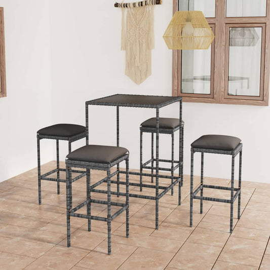 HKH 5 Pcs Conjunto de Bar P/ Jardim C/ Almofadões Vime Pe - Cinzento