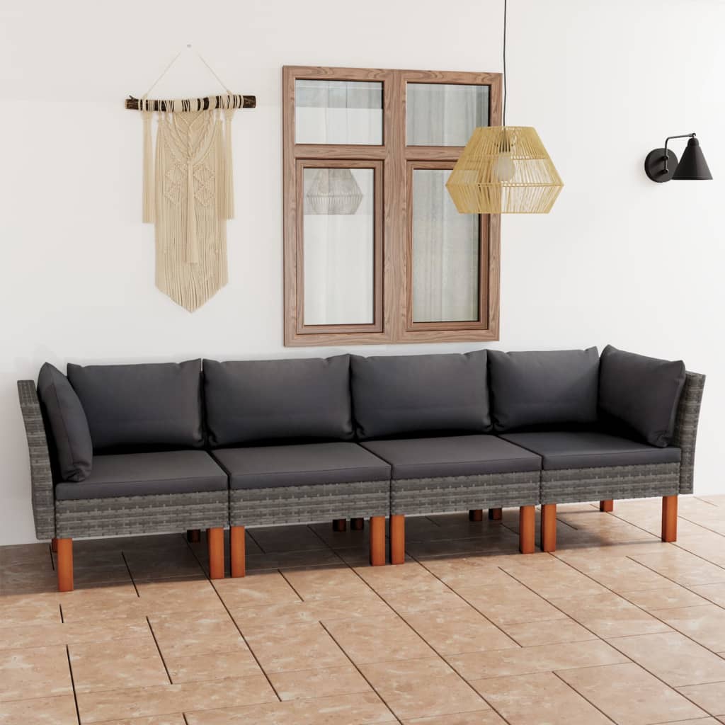 HKH Sofá de Jardim de 4 Lugares com Almofadões Vime Pe - Cinzento