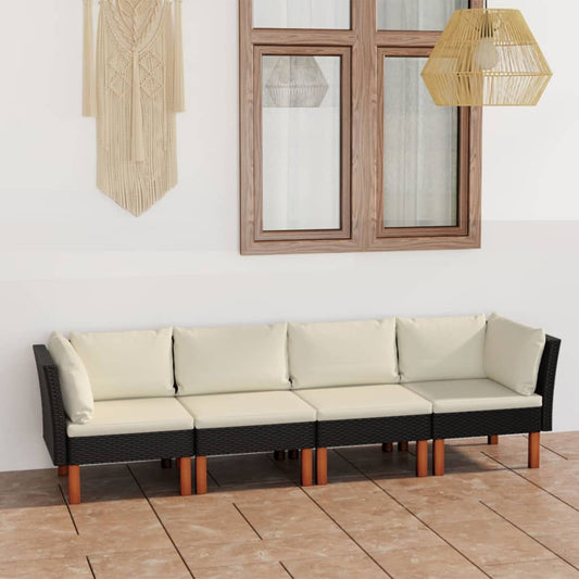 HKH Sofá de Jardim 4 Lugares com Almofadões Vime Pe - Preto