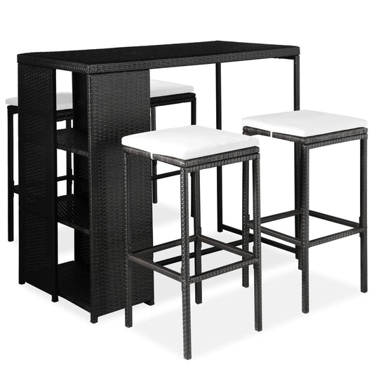 HKH 5 Pcs Conjunto de Bar P/ Jardim C/ Almofadões Vime Pe - Preto