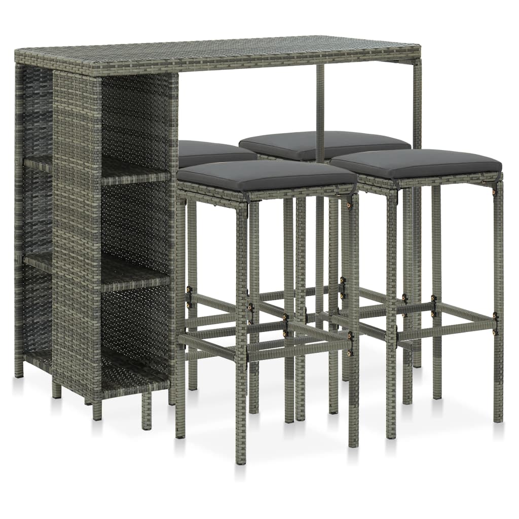 HKH 5 Pcs Conjunto de Bar P/ Jardim C/ Almofadões Vime Pe - Cinzento